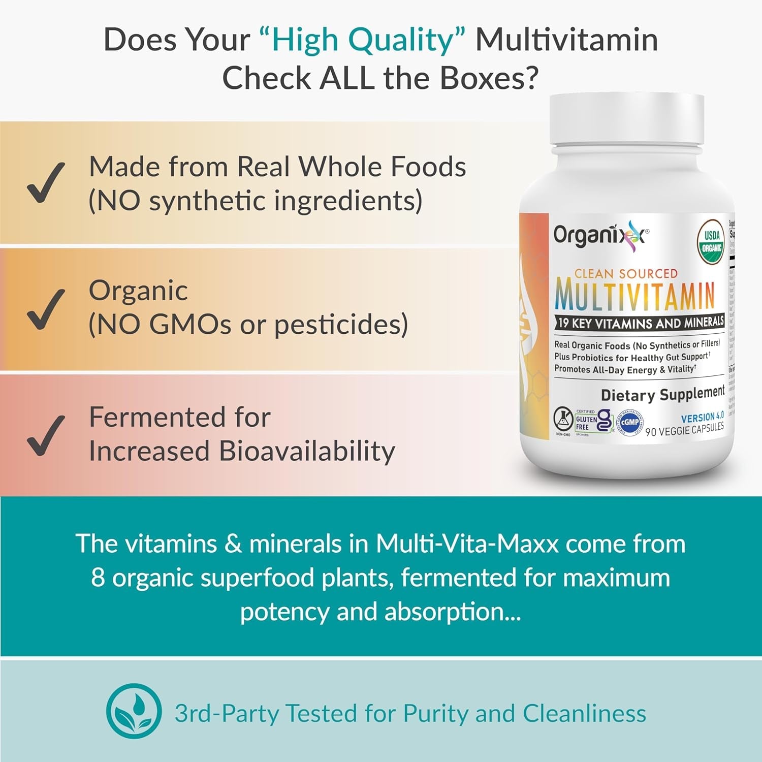 Organixx Clean Sourced Multivitamin for Women & Men, W/Vitamin C, D3, Vitamin B Complex, Probiotics, Organic Fruits & Vegetables, Supports Digestive Gut Health, Immune Support, 90 Vegan Gel Capsules