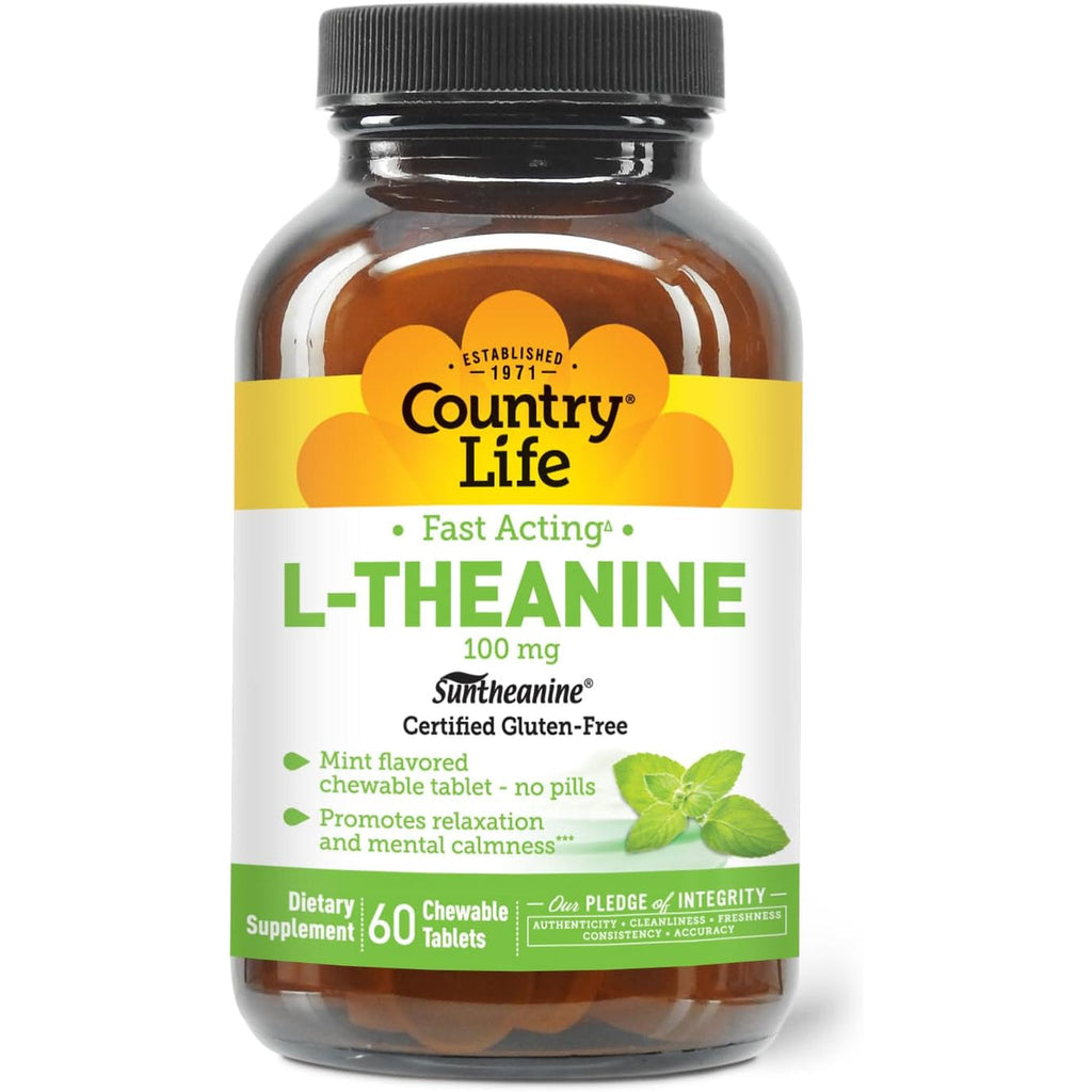 Country Life L-Theanine Fast-Acting 100Mg, 60 Chewable Tablets, Mint- Flavored, Certified Gluten Free, Certified Vegan