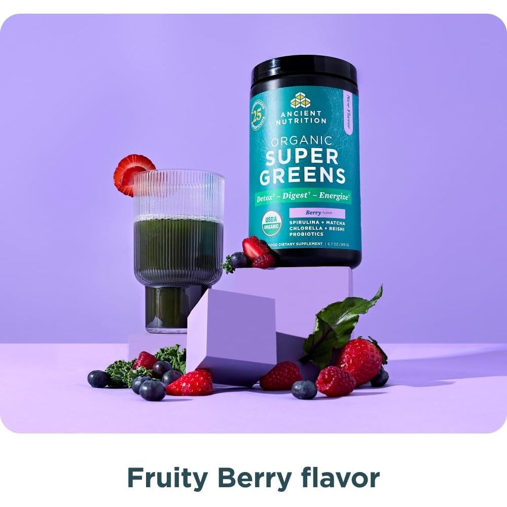 Ancient Nutrition Supergreens Powder with Probiotics, Organic Berry Flavor Greens, Made from Real Fruits, Vegetables and Herbs, Digestive and Energy Support, 25 Servings, 6.7Oz