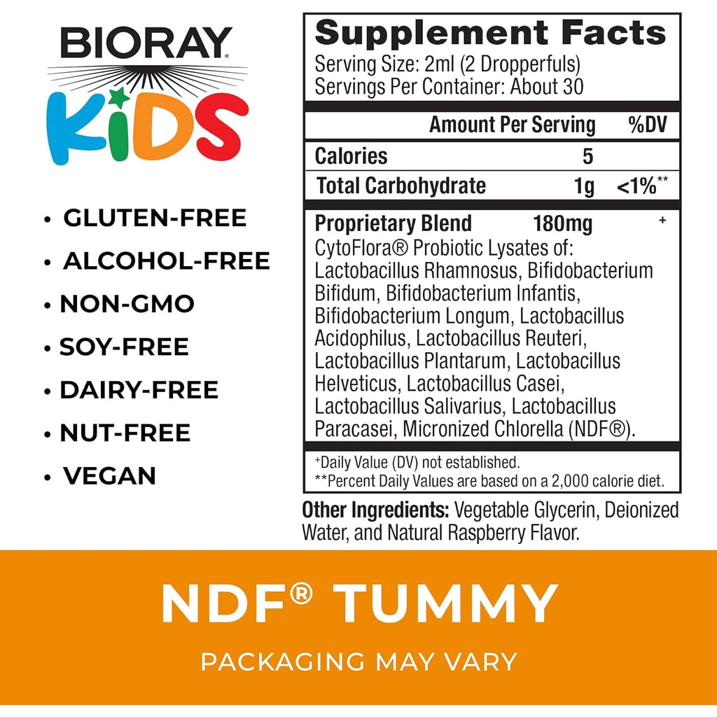 BIORAY Kids NDF Tummy, Raspberry - 2 Fl Oz - 11-Strain Probiotic Blend - Supports the Immune Response in the GI Tract - Non-Gmo, Vegan, Gluten Free - Approx. 30 Servings