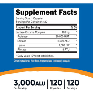 Nutricost Lactase Enzyme Complex 3,000 FCC ALU, 120 Vegetarian Capsules - Non-Gmo, Gluten Free, 120 Servings