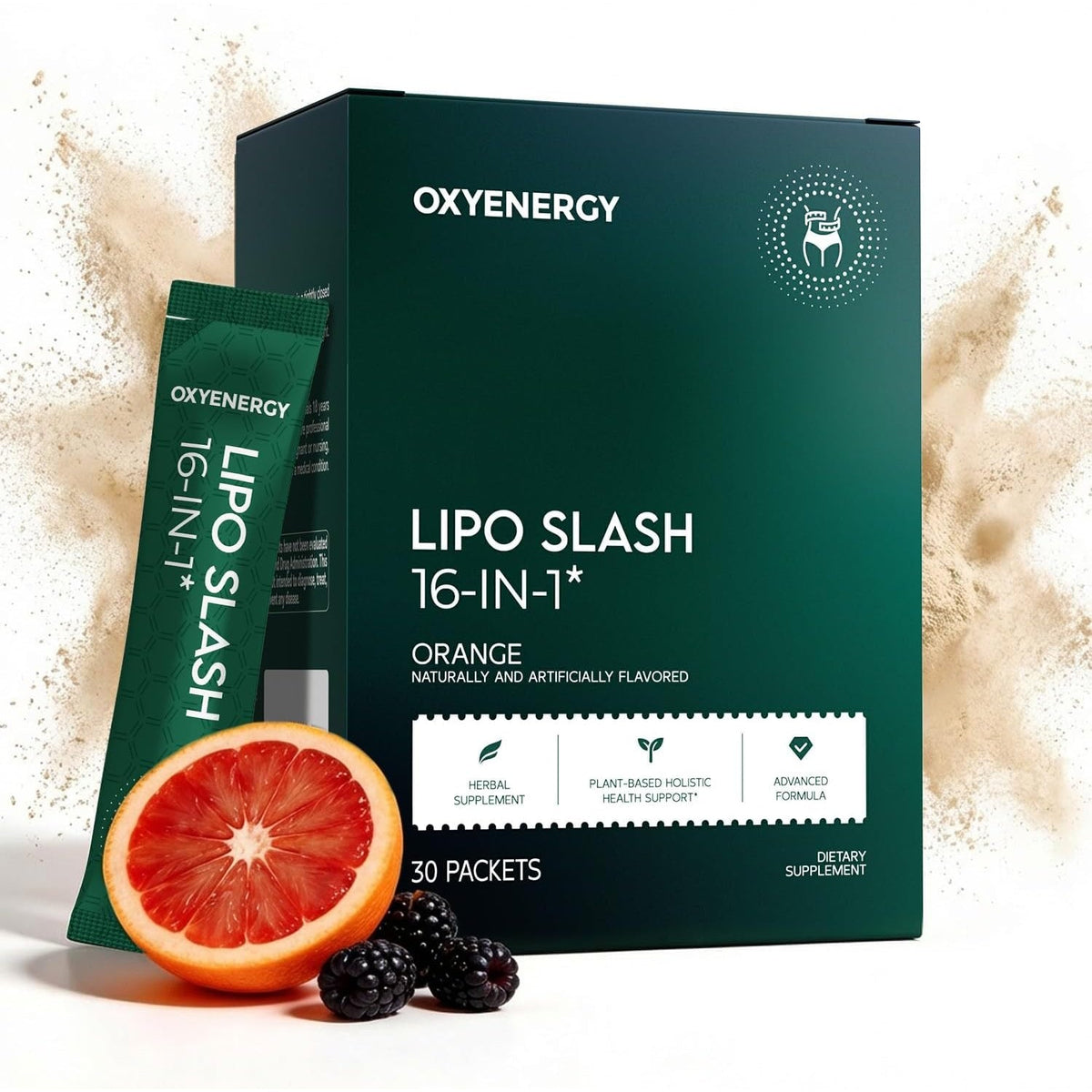 Oxyenergy LIPO Slash 16-In-1 Natural Weight Loss Supplement for Women and Men, Supports Gut Health, GLP-1 Activate & Weight Management, Vegan, Gluten-Free, Non-Gmo, 30 Packets, Orange Flavor