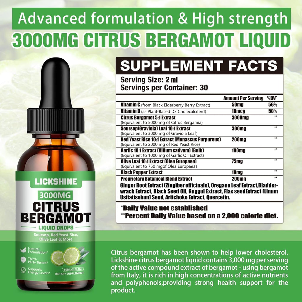 Lickshine 2 Pack 3000Mg Citrus Bergamot Liquid Drops - High Absorption - Cholesterol Lowering Supplement for Immune Support Anti-Aging, Hight Cholesterol - Soursop Bitters Liquid, 4 Fl Oz