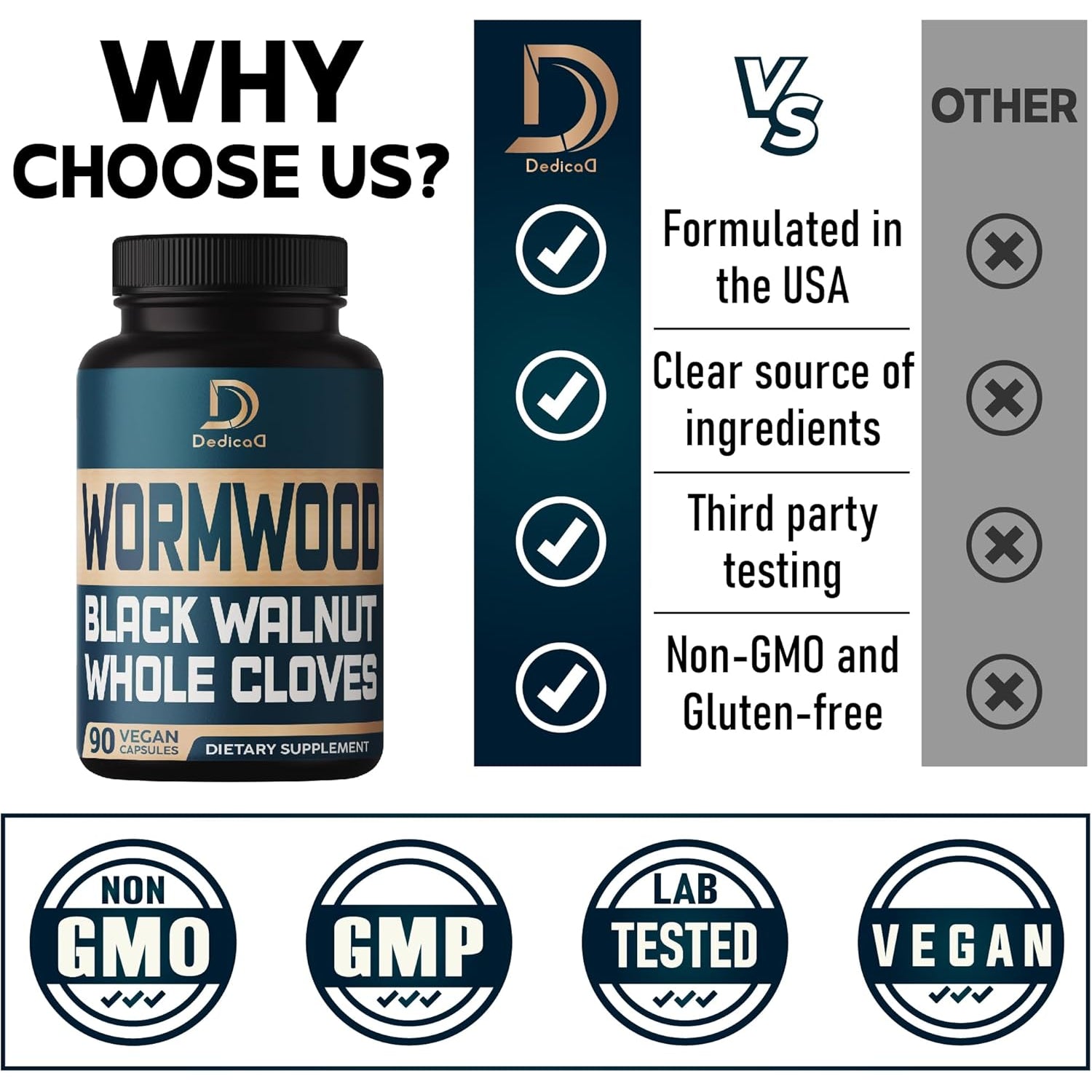 DEDICAD 12In1 Wormwood Black Walnut Clove Capsules - Immune, and Mood Support - 3 Month Supply - 90 Vegan Capsules