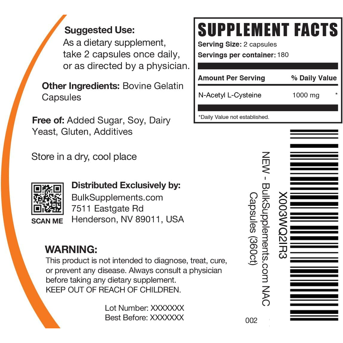 Bulksupplements.Com N-Acetyl L-Cysteine 1000Mg Capsules - N-Acetyl Cysteine 1000Mg, NAC Supplement - NAC 1000Mg, Gluten Free - 2 Capsules per Serving, 360 Capsules (Pack of 1)