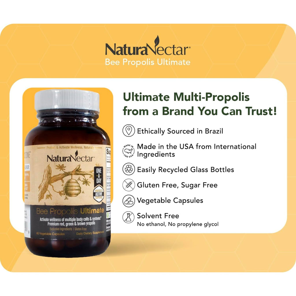 Naturanectar - Ultimate Bee Propolis Capsules - NSF Contents Certified -Brazilian Red, Brown, & Green - Gluten-Free Supplement with Flavonoids - Naturally Sourced through Ethical Beekeeping (60Pcs.)