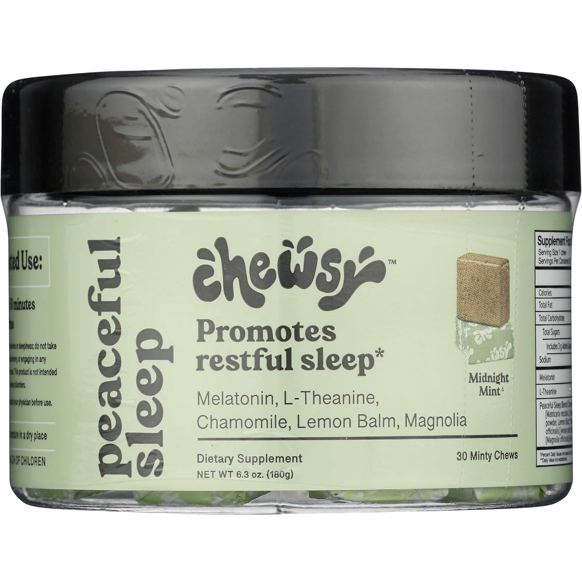 Chewsy Peaceful Sleep Chews, Sleep Support, 3 Mg Melatonin, 200 MGS L-Theanine, Chamomile, Lemon Balm, Magnolia, Nighttime Sleep Aid, Naturally Minty Chews, Promotes Restful Sleep, 30-Day Supply (1)