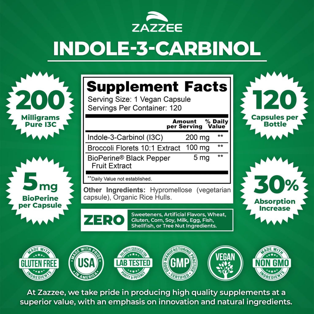 Zazzee High Absorption Indole-3-Carbinol (I3C), 200 Mg per Capsule, 120 Vegan Capsules, 4 Month Supply, 5 Mg Bioperine for Enhanced Absorption, 100% Vegetarian, All-Natural and Non-Gmo