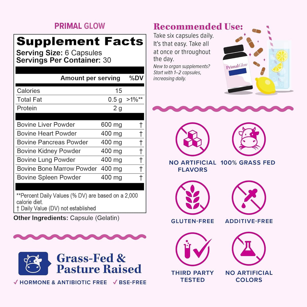 Beef Organ Supplement for Women | Grass-Fed, Pasture-Raised New Zealand Bovine | 7 Organ Extracts with Liver, Heart, Kidney, Bone Marrow & More Energy, Digestion & Skin Support Primal Glow 30 Servings