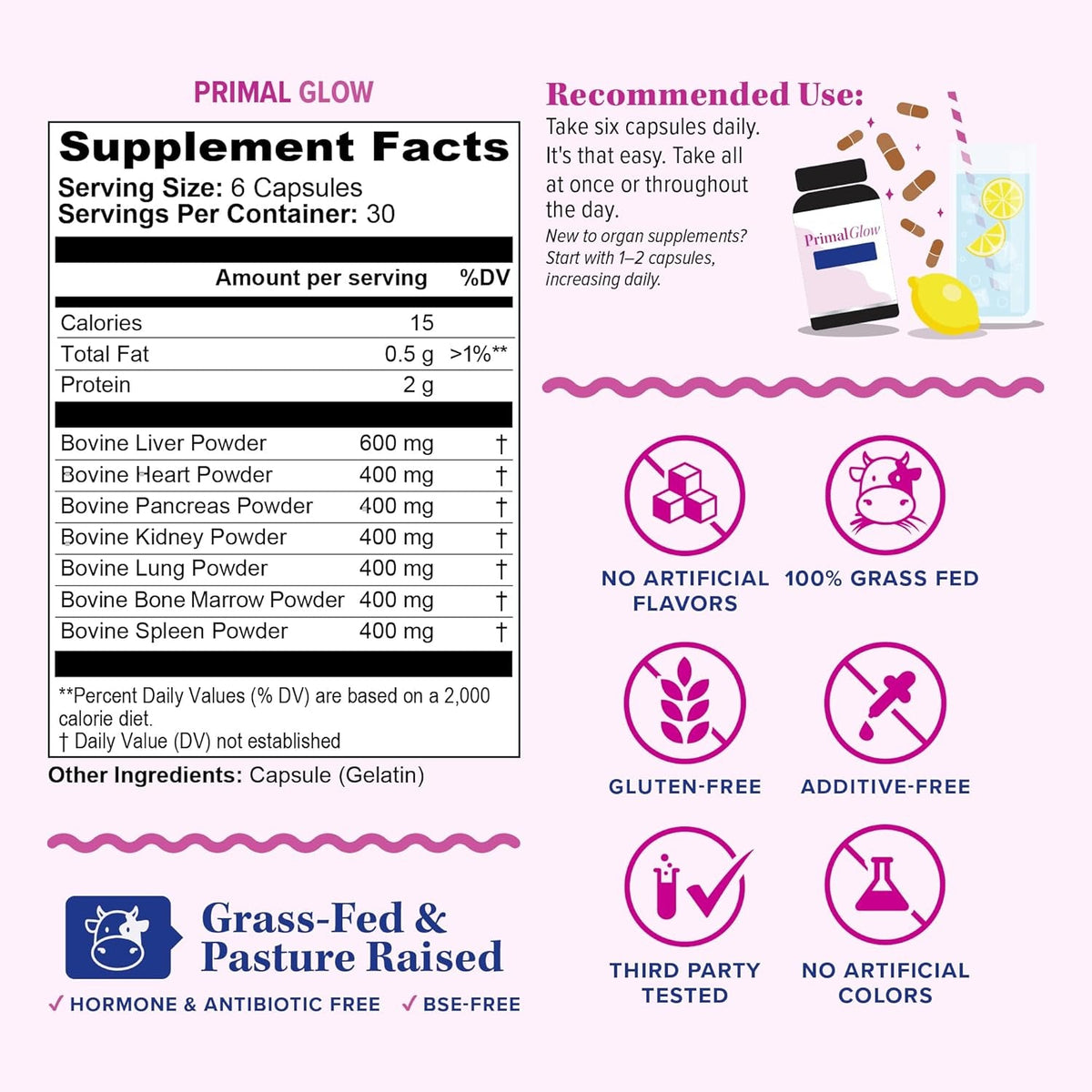 Beef Organ Supplement for Women | Grass-Fed, Pasture-Raised New Zealand Bovine | 7 Organ Extracts with Liver, Heart, Kidney, Bone Marrow & More Energy, Digestion & Skin Support Primal Glow 30 Servings