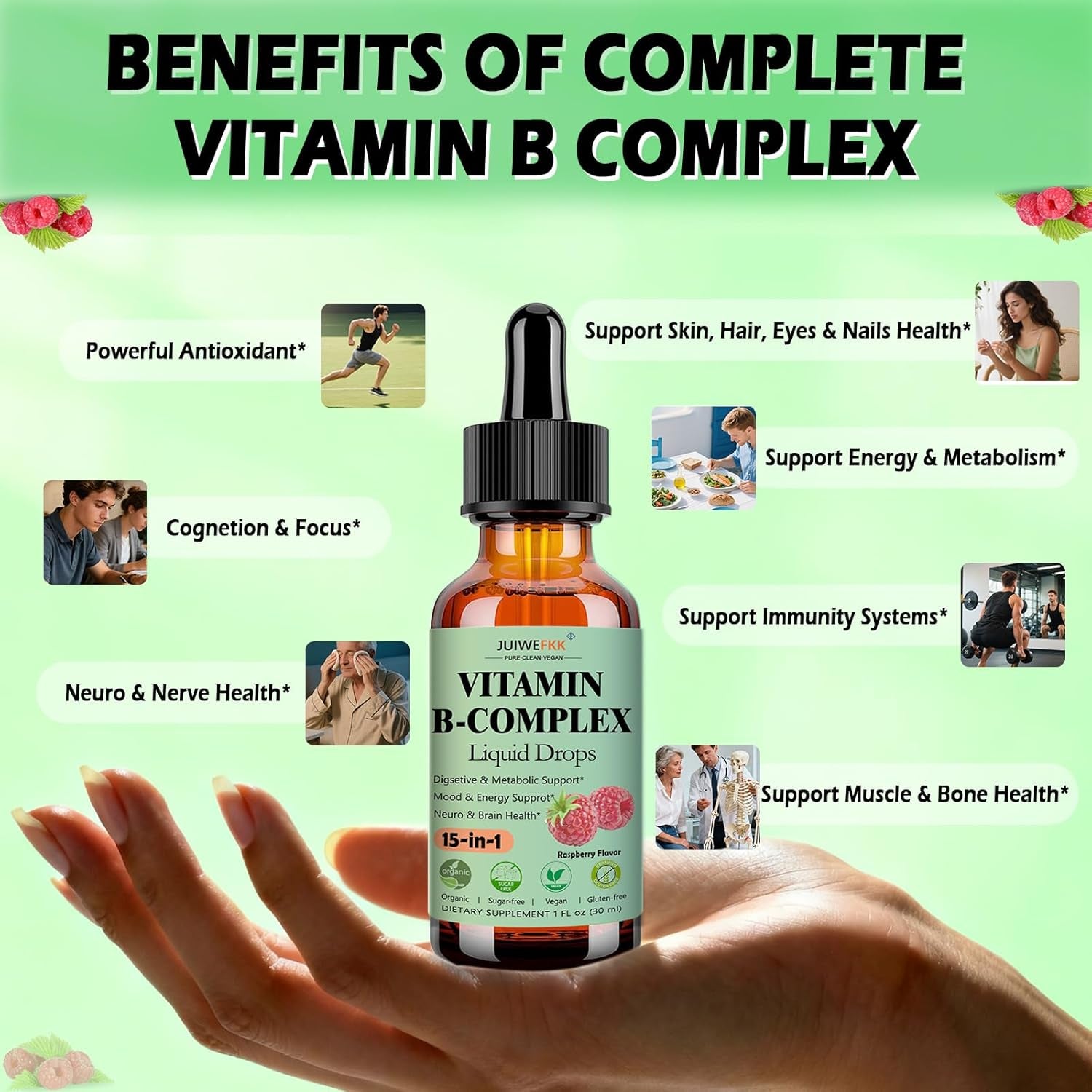 Vitamin B Complex Liquid Drops for Women Men & Kids, 15-In-1 VIT B Complex with Vitamin C B12 B6 B1 Niacin Folate Magnesium for Brain Nerve Neuropathy Energy Mood Health, Sublingual B-Complex Drops
