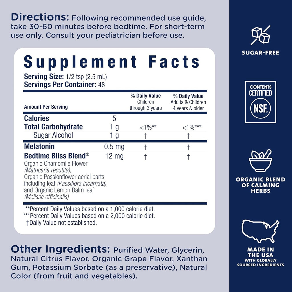 Mommy'S Bliss Kids Sleep Liquid with Melatonin & Calming Herbs | Melatonin for Children 3 Years & up | Grape Flavor | Sugar Free | 4 Fl Oz (60 Servings)