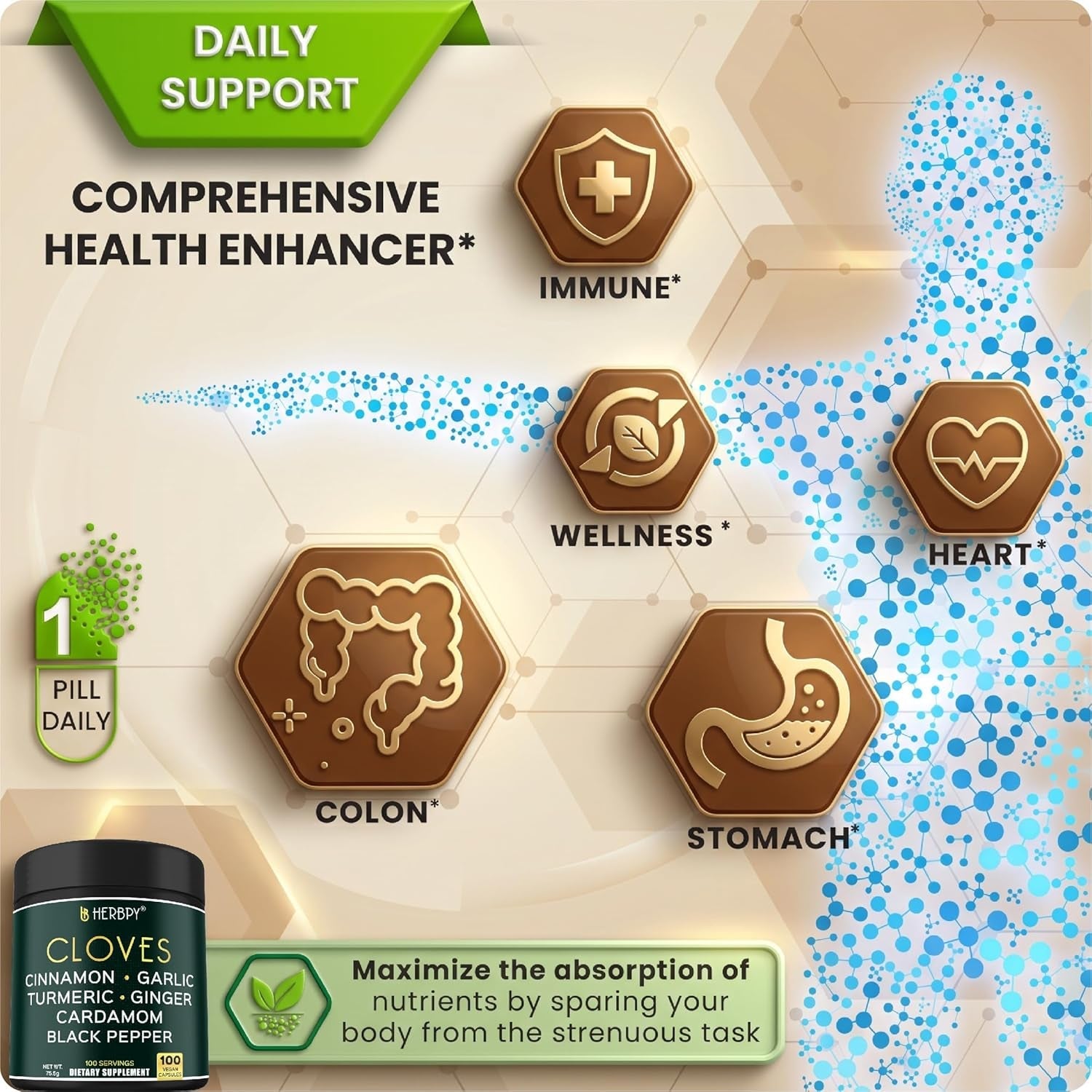 Herbpy 7In1 Clove Supplement 500Mg Rich in Vitamins & Minerals Supports Digestion, Immune & Heart Health with Cinnamon, Turmeric, Ginger, Cardamom, Garlic & Black Pepper - 100 Vegan Capsules