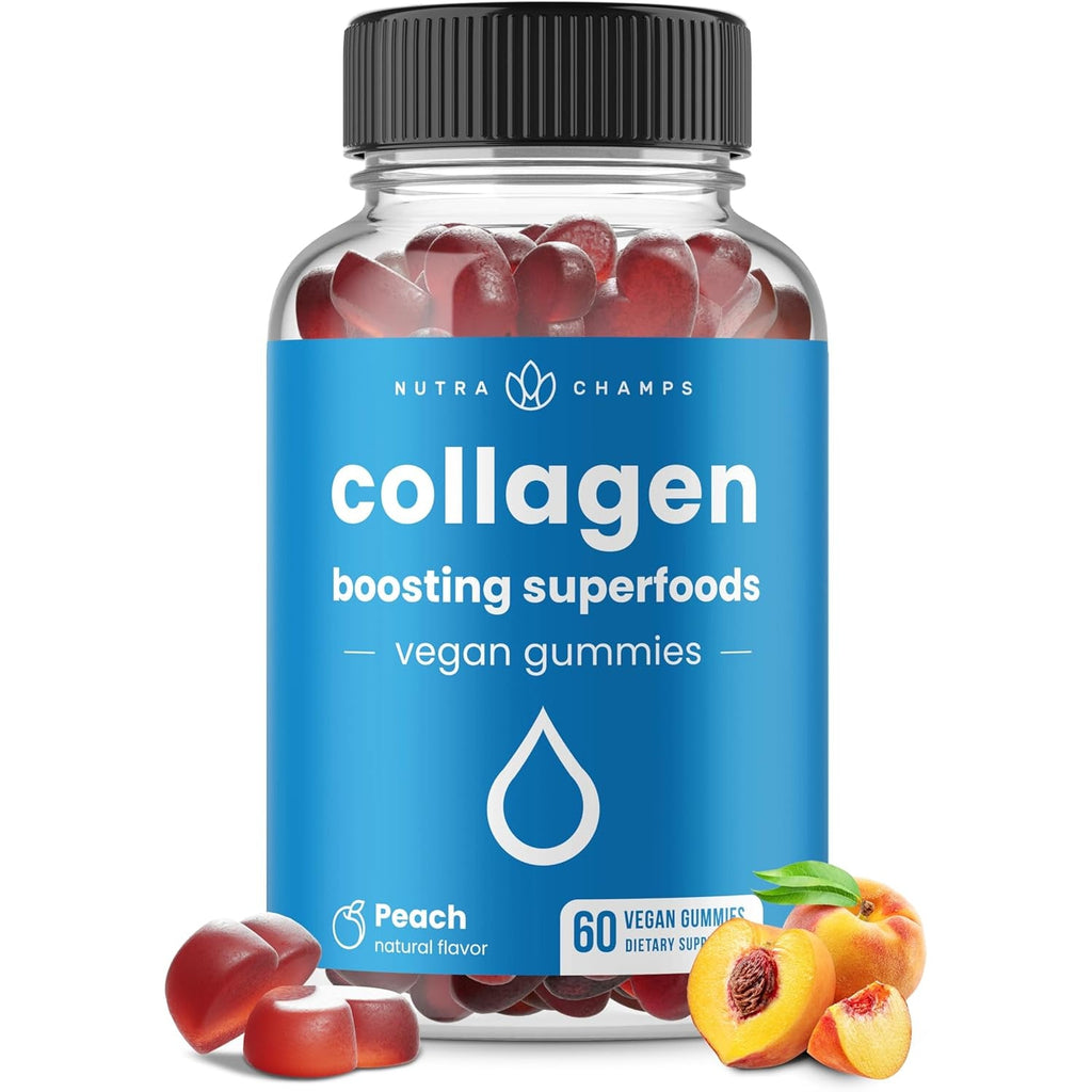 Nutrachamps Collagen Boosting Gummies, Collagen Booster Gummy for Natural Collagen Production, Vegan Pectin Supplements Chews for Women & Men, 60 Peach Vitamins Gummies