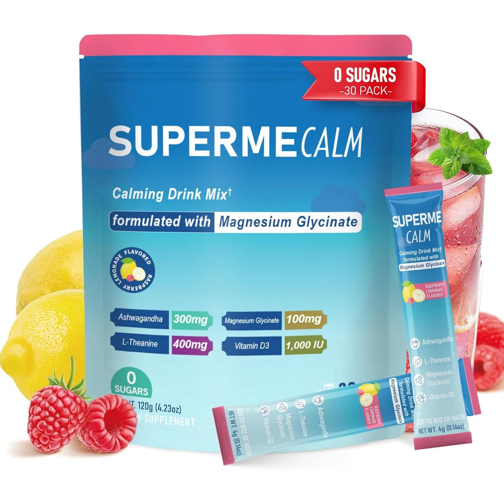 Cortisol Support Powdered Drink Mix – Cortisol Supplements for Women & Men, 150Mg Magnesium Glycinate, Ashwagandha, L-Theanine - Vegan, Non-Gmo, Sugar-Free, 30 Raspberry Lemonade Sticks