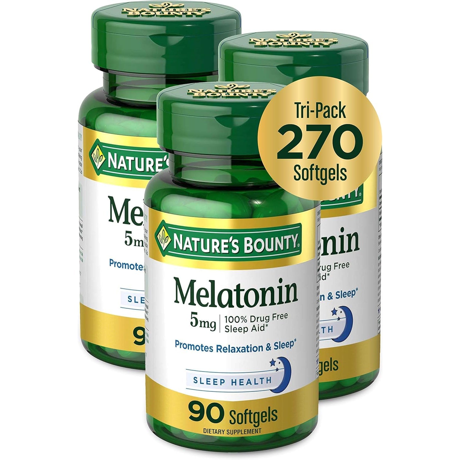 Nature'S Bounty Melatonin 100% Drug Free Sleep Aid, Dietary Supplement, Promotes Relaxation and Sleep Health, 5 Mg, 90 Count, Pack of 3