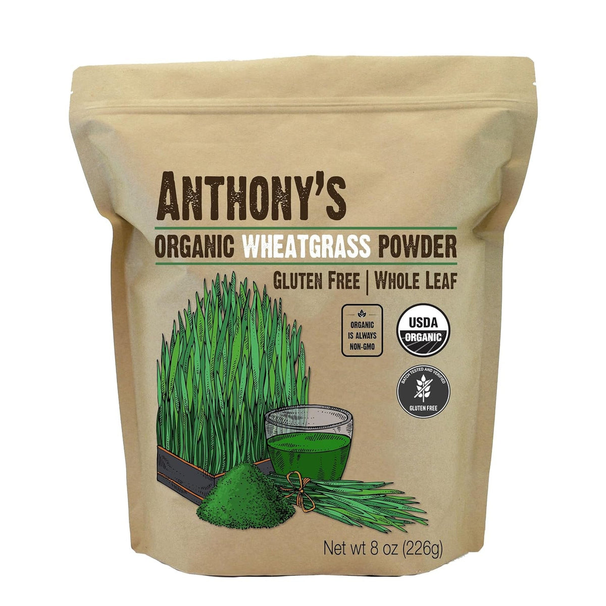 Anthony'S Organic Wheatgrass Powder, 8 Oz, Grown in USA, Whole Leaf, Gluten Free, Non GMO