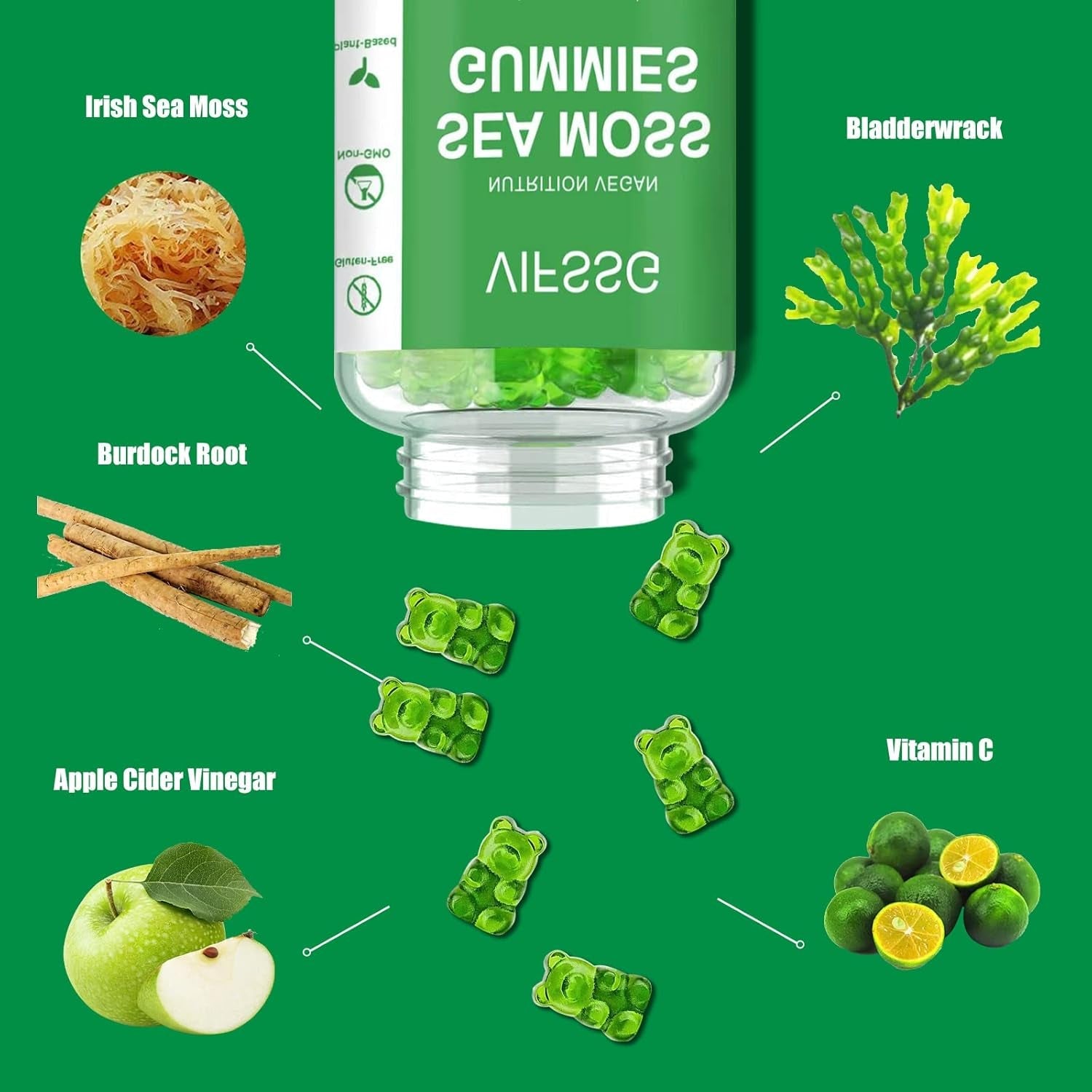 VIFSSG Sea Moss Gummies, 3000Mg Irish Seamoss Gummy Vegan for Adults & Kids with Organic Bladderwrack, Burdock Root and Apple Cider Vinegar Supplement 60 Gummies Pack of 1