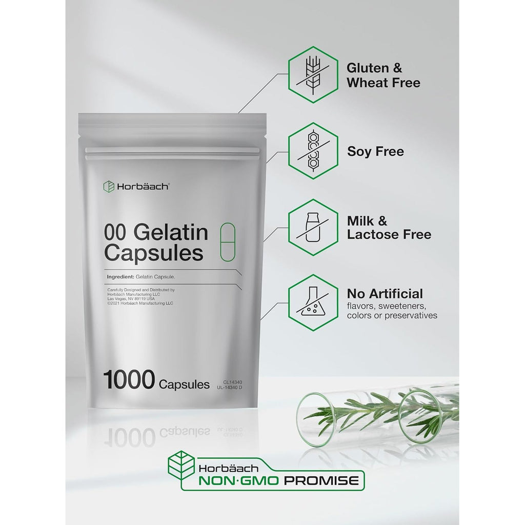 Empty Capsules Size 00 | 1000 Clear Gelatin Capsules | Resealable Bag | Non-Gmo, Gluten Free | by Horbaach