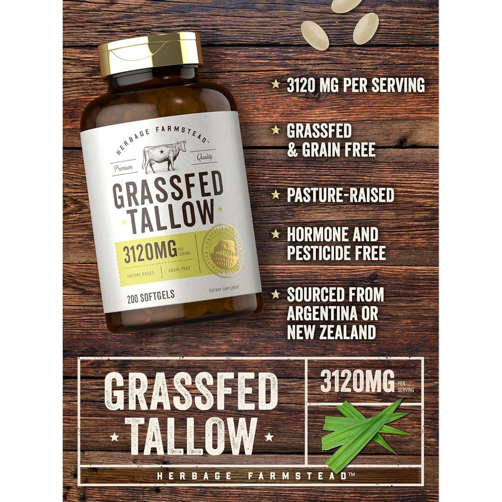 Carlyle Grass Fed Beef Tallow 3120Mg | 200 Softgel Capsules | Pasture Raised Bovine Supplement | Non-Gmo, Gluten Free | by Herbage Farmstead