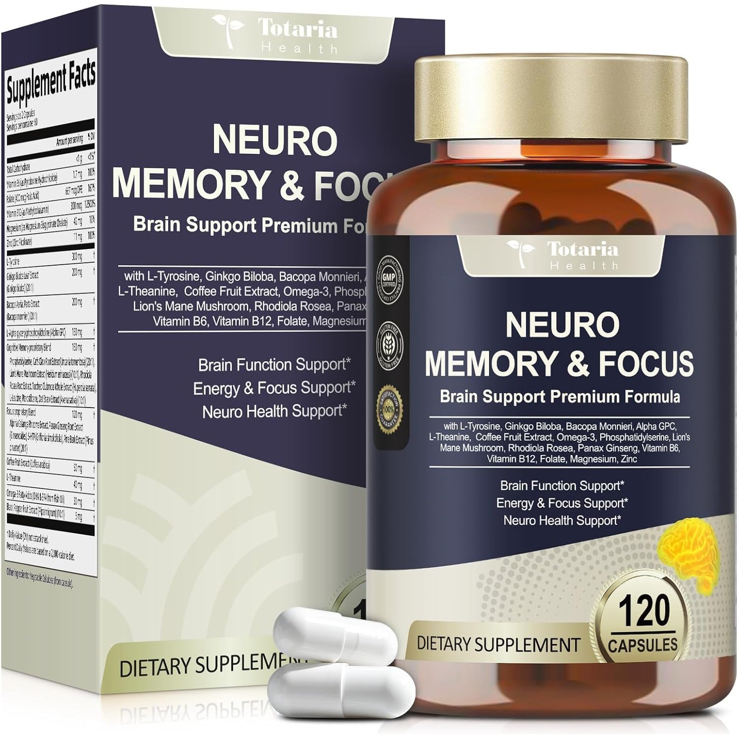 25 in 1 Brain Supplements for Memory and Focus & Neuro Health - Daily Brain Nootropic Cognitive Supplement with L-Tyrosine, Bacopa Monnieri, Ginkgo Biloba, Alpha GPC - Non-Gmo, Gluten Free