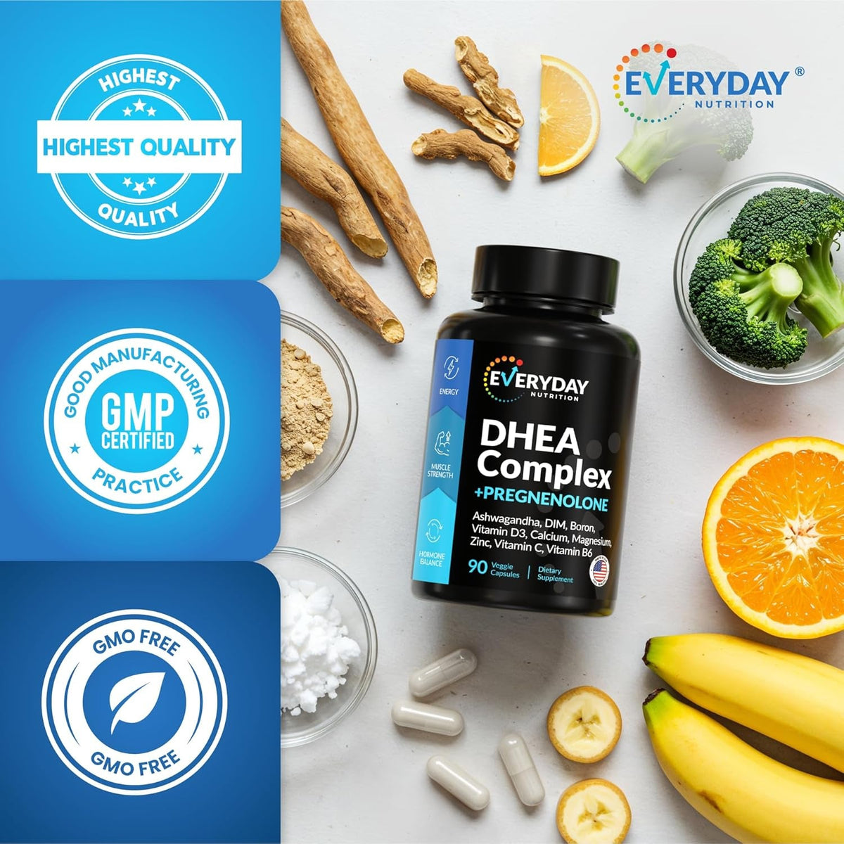 DHEA Micronized 200Mg Complex with Pregnenolone 100Mg Supplement for Men & Women with Ashwagandha, DIM, Magnesium, Boron, Calcium , Zinc, Vitamin D3, C and B6 Hormone Support - Made in USA 90 Capsules