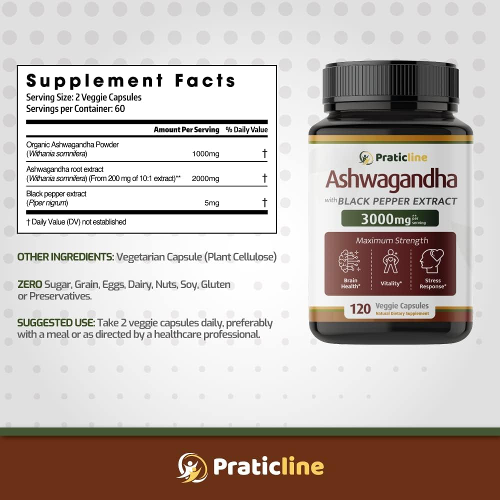Ashwagandha Capsules 3,000 Mg - 120 Vegan Cap Made with Organic Ashwagandha Powder and Root Extract. Gluten Free. Made in USA