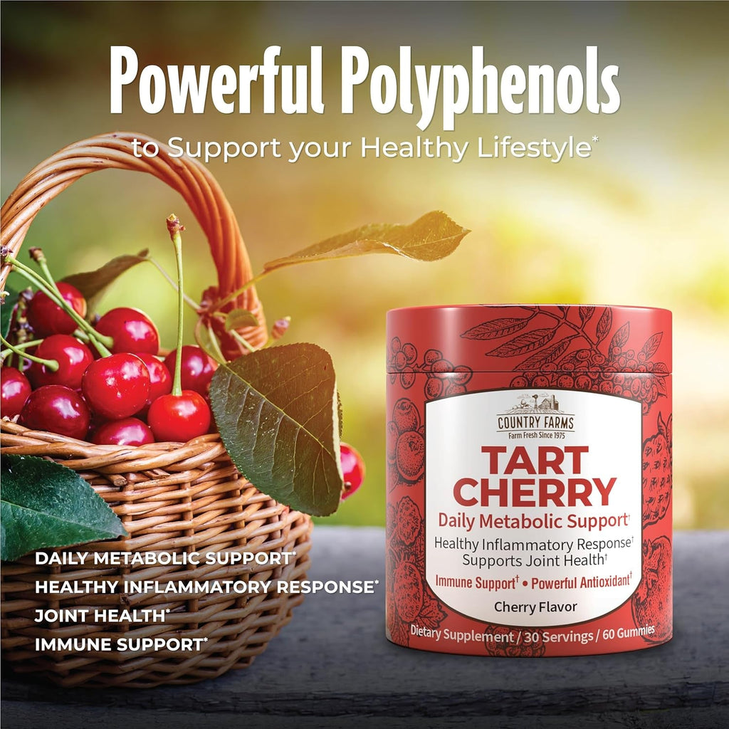 Country Farms Tart Cherry Gummies, Dialy Metabolic Support, Supports Bone Health, Packed with Potent Antioxidants, Cherry Flavor, 60 Gummies