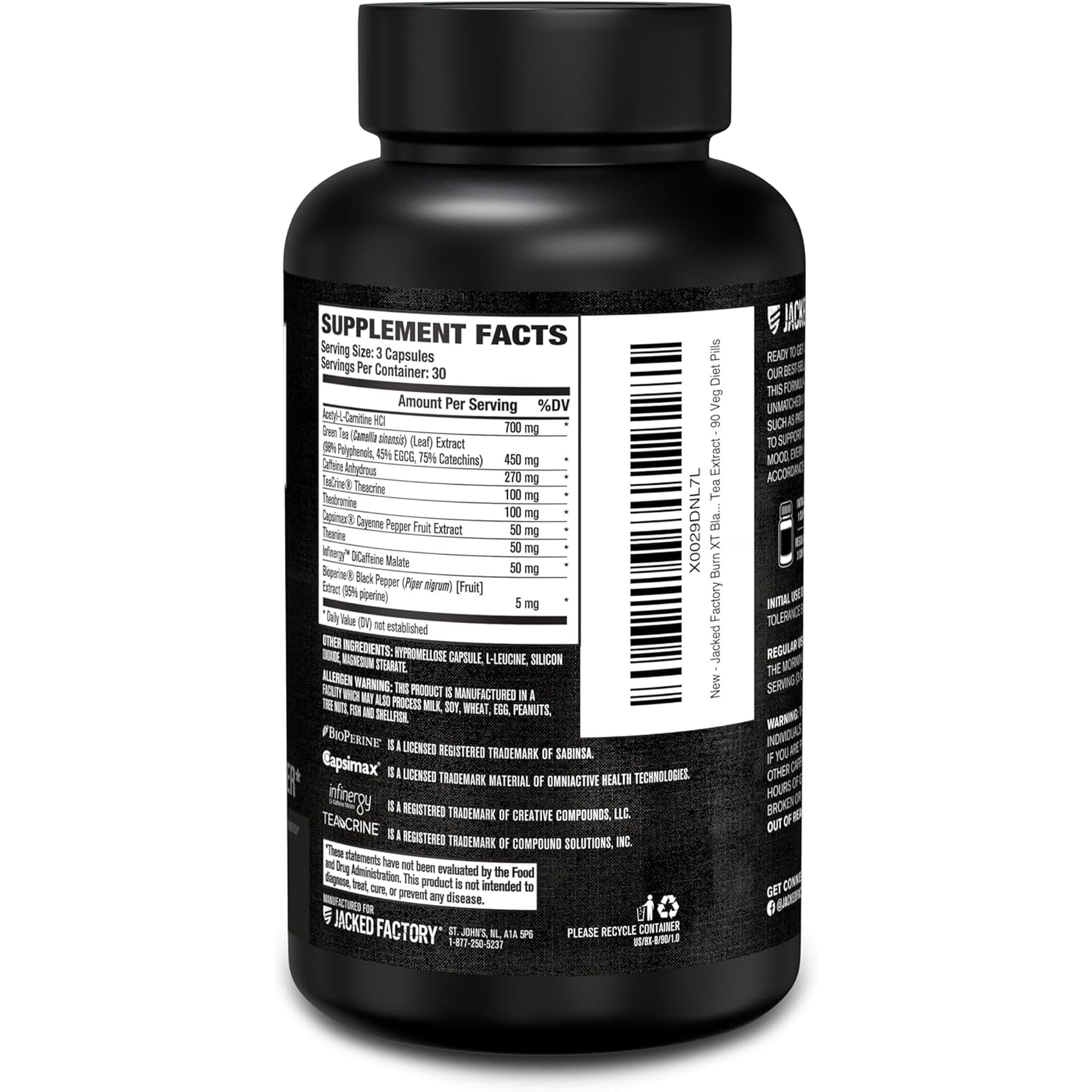 Jacked Factory Burn XT Black Thermogenic Fat Burner - Weight Loss Supplement, Appetite Suppressant, Nootropic Energy Booster | Teacrine, Acetyl L-Carnitine, Green Tea Extract - 90 Veg Diet Pills
