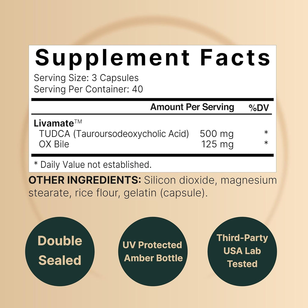 TUDCA 500Mg with OX Bile 125Mg per Serving, 120 Capsules – Bile Salts Support, High Absorption Livamate Formula | Liver Cleanse Detox & Repair Supplement | Natural Bitter Taste – Third Party Tested