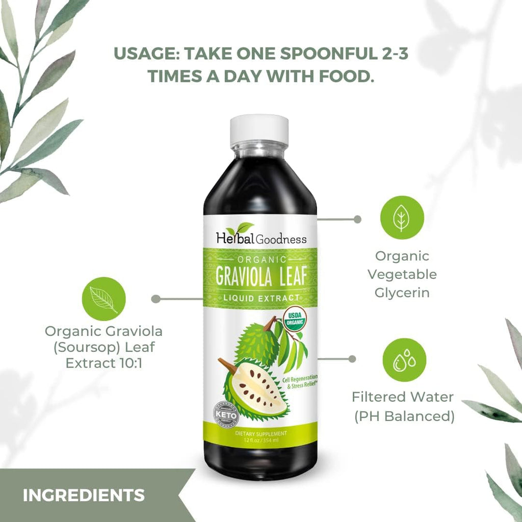 Herbal Goodness Soursop Graviola Liquid Drops 12 Fl Oz - 15X Strength Organic Guanábana Soursop Leaves Extract for Gut Health, Cell & Immune Support Serene Soursop Drops - Vegan, Non-Gmo, Made in USA