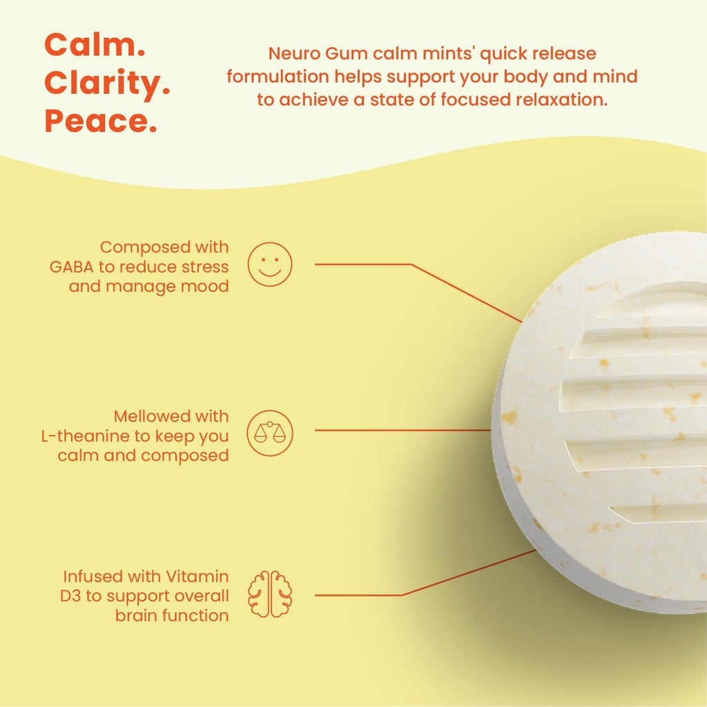 Neuro Calm & Clarity Mints - GABA L-Theanine Stress Supplement with Vitamin D3 - Non-Drowsy, Functional Calming Mints for Mood, Mental Clarity & Cognitive Function - Honey Lemon, 90 Ct
