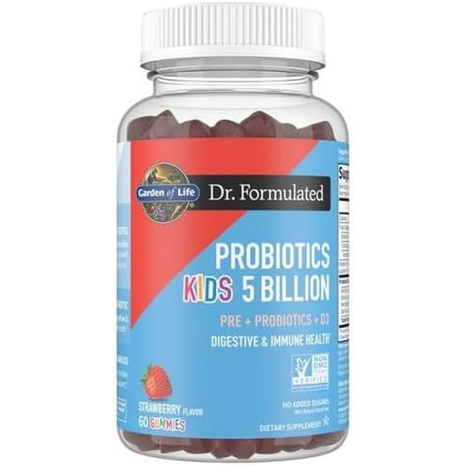 Garden of Life Dr Formulated 5 Billion CFU Prebiotic Fiber, Probiotic and Vitamin D3 Gummies for Kids Digestive & Immune Health – Gluten Free, Non GMO, No Added Sugars, Strawberry Flavor, 60 Gummies