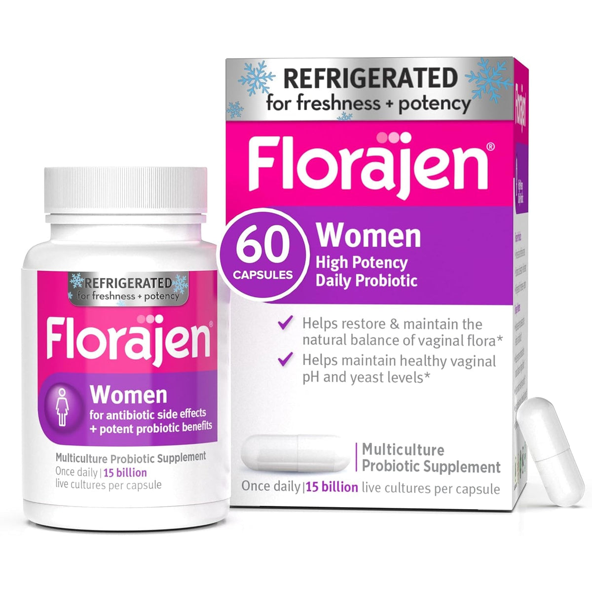Florajen Women’S Vaginal Probiotic - Gut Health, Vaginal Ph Balance, & Constipation Relief - Multi-Strain Formula with Lactobacillus - Refrigerated for Potency - 60 Capsules