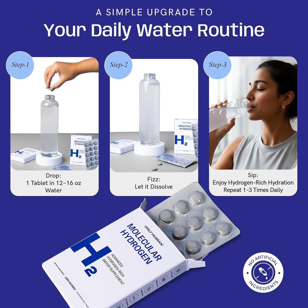 H2 Molecular Hydrogen Water Tablets with Magnesium | 12PPM Hydrogen Tablets for Drinking Water | Unflavored Dietary Supplement | Gluten, Sugar & Soy Free | Made in the USA | 30 Tabs | Only Human