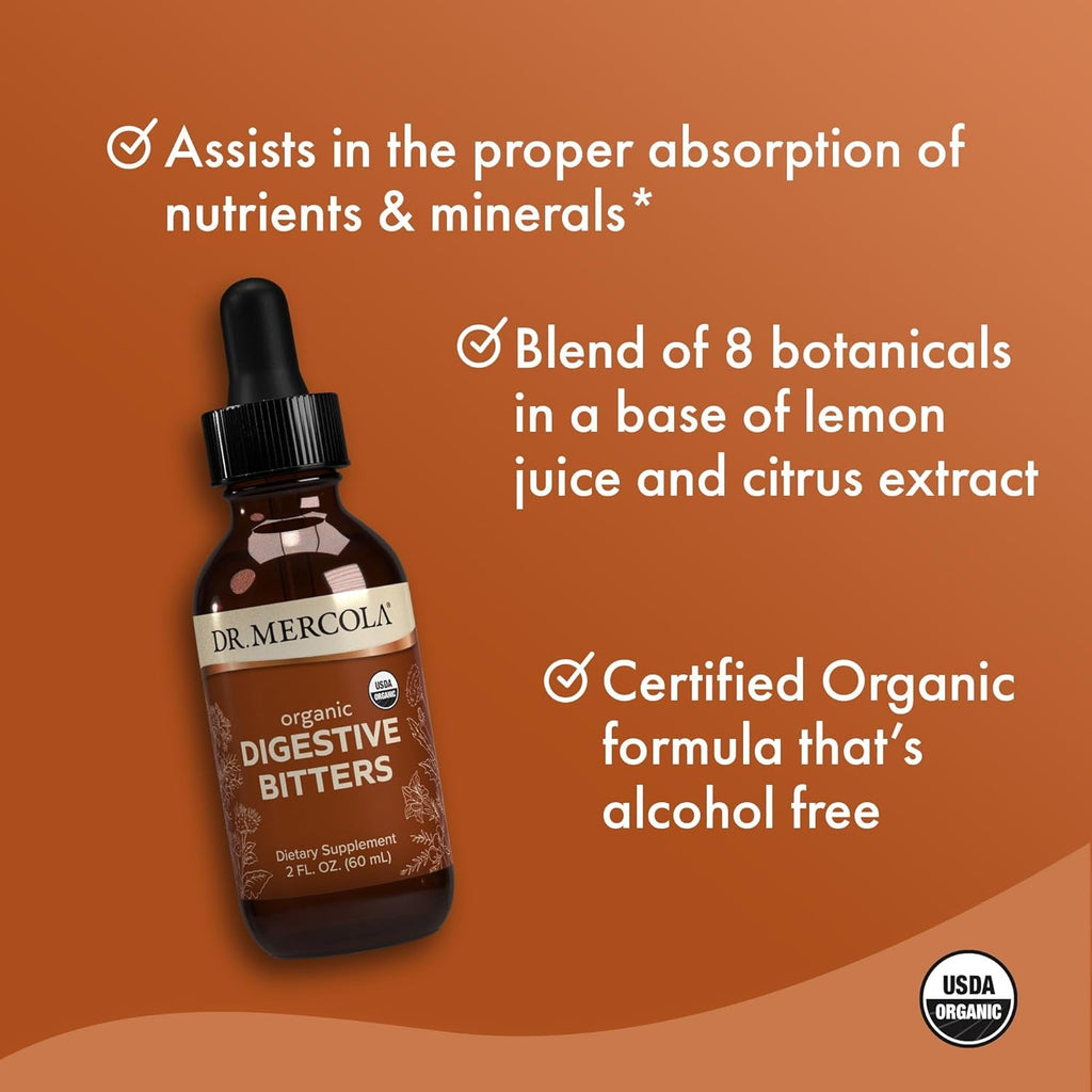 Dr. Mercola Organic Digestive Bitters Liquid Drops - Digestive Health Support - Alcohol-Free Formula - Features Burdock Root, Dandelion Leaf, Fennel Seed & More - 2 Fl. Oz. (30 Servings)