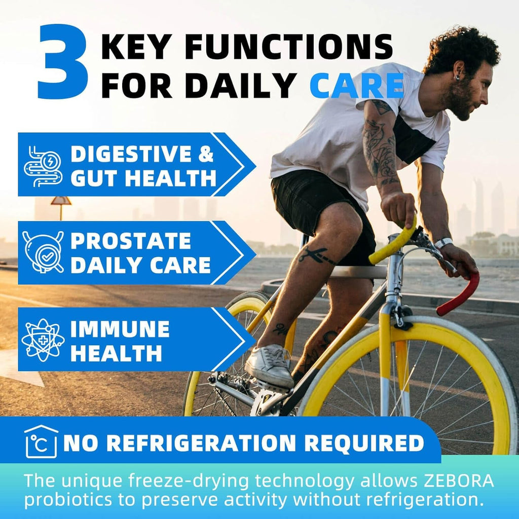 ZEBORA Probiotics for Men - 100 Billion CFU with Digestive Enzymes, Saw Palmetto & Cranberry for Prostate Support - Shelf Stable, Gluten-Free Men'S Daily Supplement - 90 Veggie Capsules