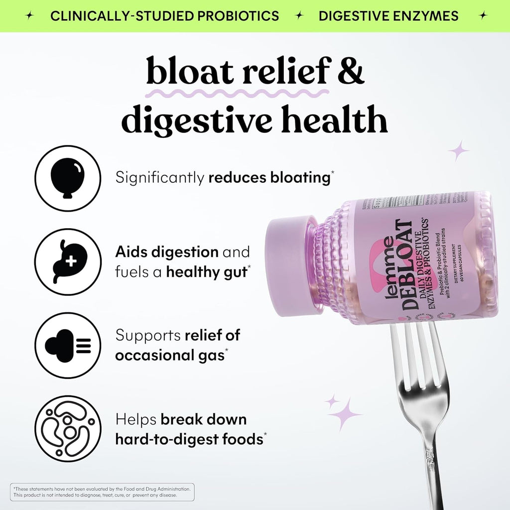 Lemme Debloat 3-In-1 Prebiotic, Probiotic & Digestive Enzyme Capsules for Bloating & Gas Relief - 2 Clinically Studied Probiotics W/5 Digestive Enzymes to Improve Digestion, Women & Men, (60 Count)
