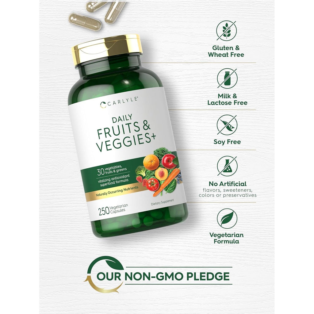 Carlyle Fruits and Veggies Supplement | 250 Capsules | Made with 30 Fruits and Vegetables | Vegetarian, Non-Gmo, Gluten Free Superfood Formula