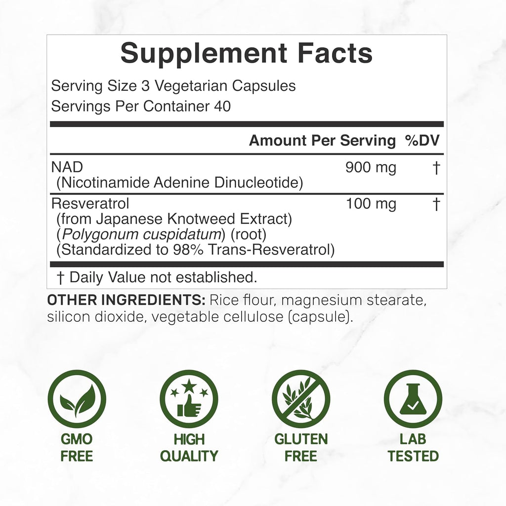 NAD+ Resveratrol Supplement 1,000Mg per Serving, 120 Veggie Capsules | 2-In-1 Extra Strength NMN Supplement Alternative | NAD Supplements for Women & Men | Non-Gmo, Gluten Free