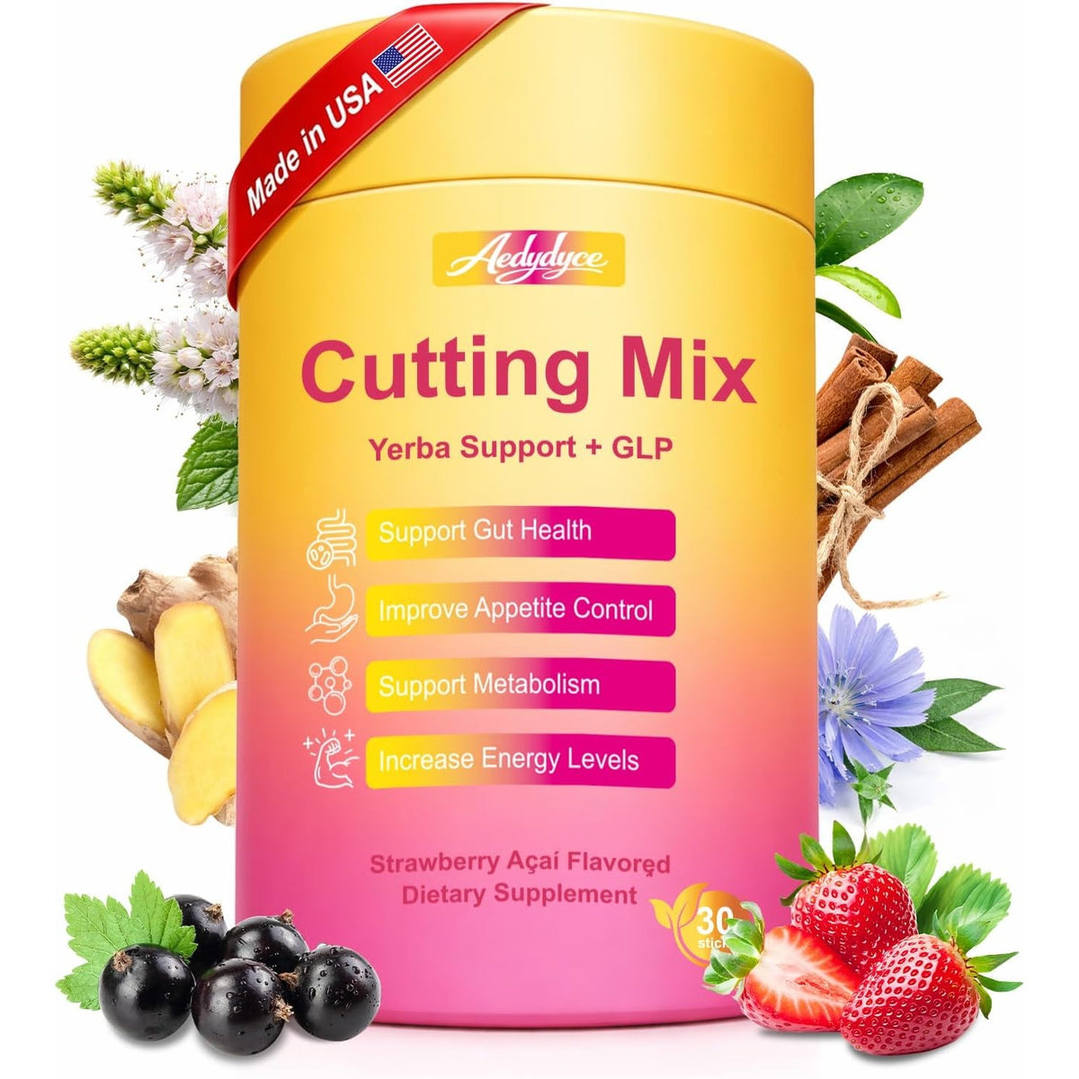 Cutting Drink Mix – GLP-1 Drink Mix – Support Dual Action Craving & Metabolism | Berberine, Cinnamon, Chromium, 5-HTP, Yerba Mate & Magnesium | Promotes Gut Health | Strawberry Flavor – 30 Sticks