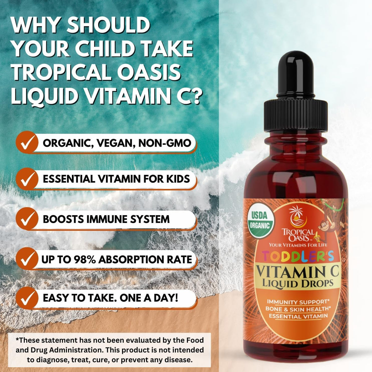 USDA Organic Toddler Vitamin C Drops | Organic Vitamin C Liquid Drops for Toddlers & Babies Ages 1-3 Years | Supports Healthy Immune System | Vegan | Non-Gmo | Gluten Free | 60 Servings