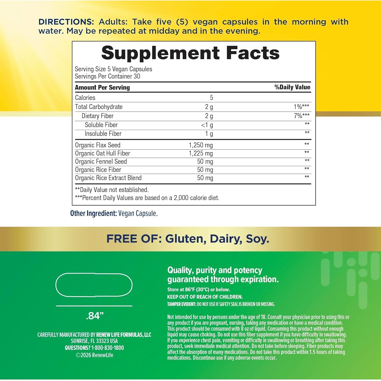 Renew Life Adult Daily Digestive Prebiotic Fiber, 150 Vegetarian Capsules (Package May Vary)