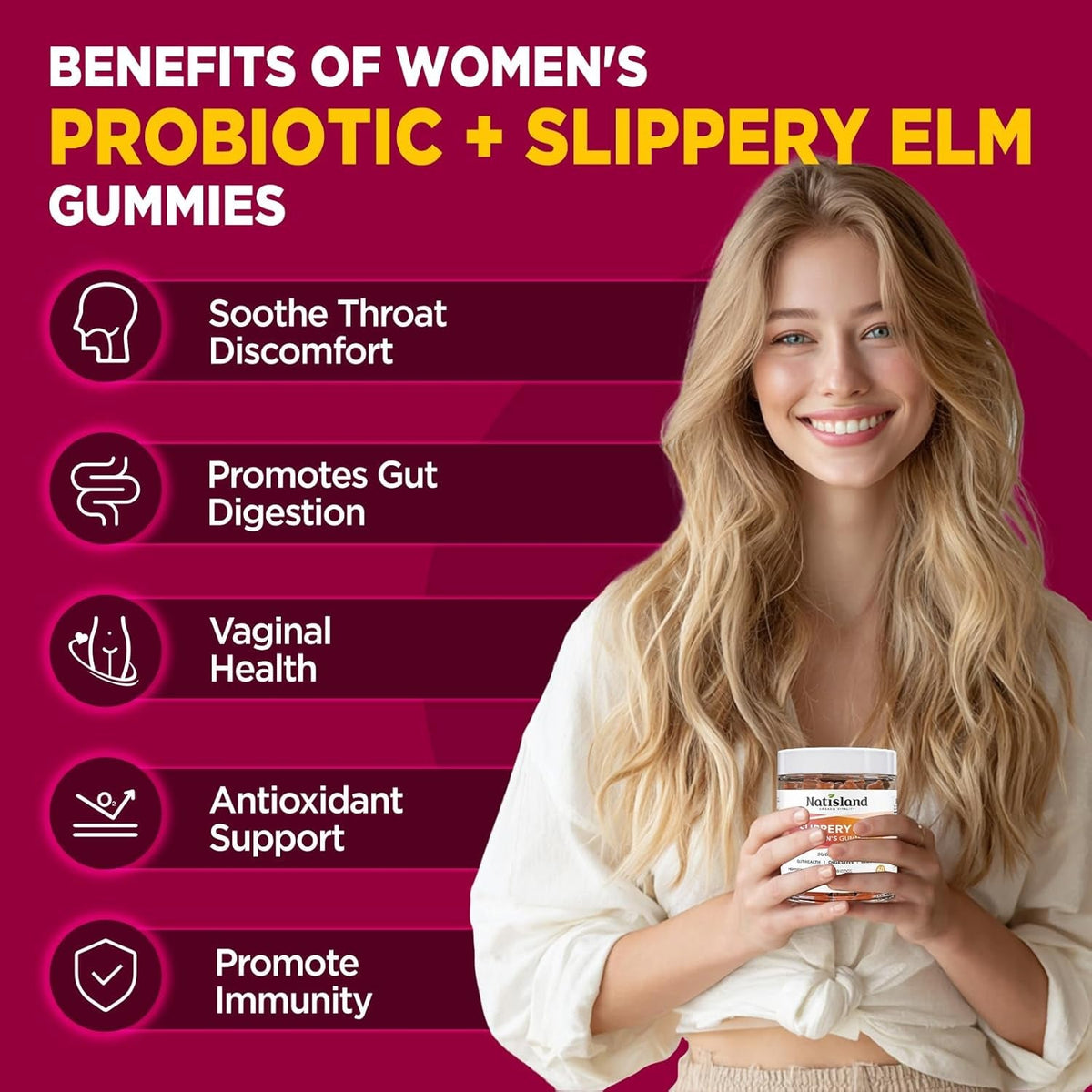 Slippery Elm for Women Gummies, Organic Slippery Elm Bark Extract with Probiotics, Sea Buckthorn, L-Glutamine for Gut & Digestive Health, Throat & Respiratory Support, Sugar Free, Vegan, 60 Gummies