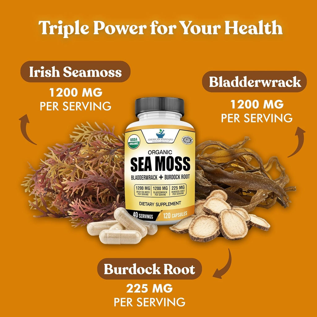 American Standard Supplements Organic Sea Moss, Bladderwrack & Burdock Root Capsules - 1200Mg Seamoss, 1200Mg Bladderwrack, 225Mg Burdock Root per Serving - 120 Capsules, 40 Servings