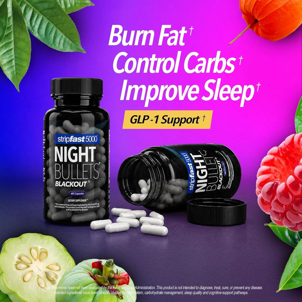Night Bullets Weight Loss Pills for Women & Men, Stim-Free Nighttime Fat Burner, GLP-1 Support, Appetite Suppressant, Diet Pills with Ashwagandha & CLA, 60 Capsules