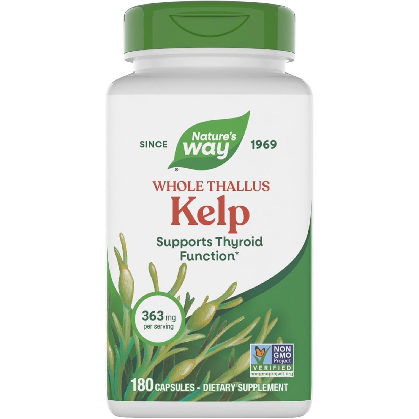 Nature'S Way Kelp - Kelp Supplement for Thyroid Function Support* - Botanical Ingredient - Plant-Derived Capsule - Plant-Sourced Iodine - Vegan, Gluten-Free & Dairy-Free - 180 Count (180 Servings)