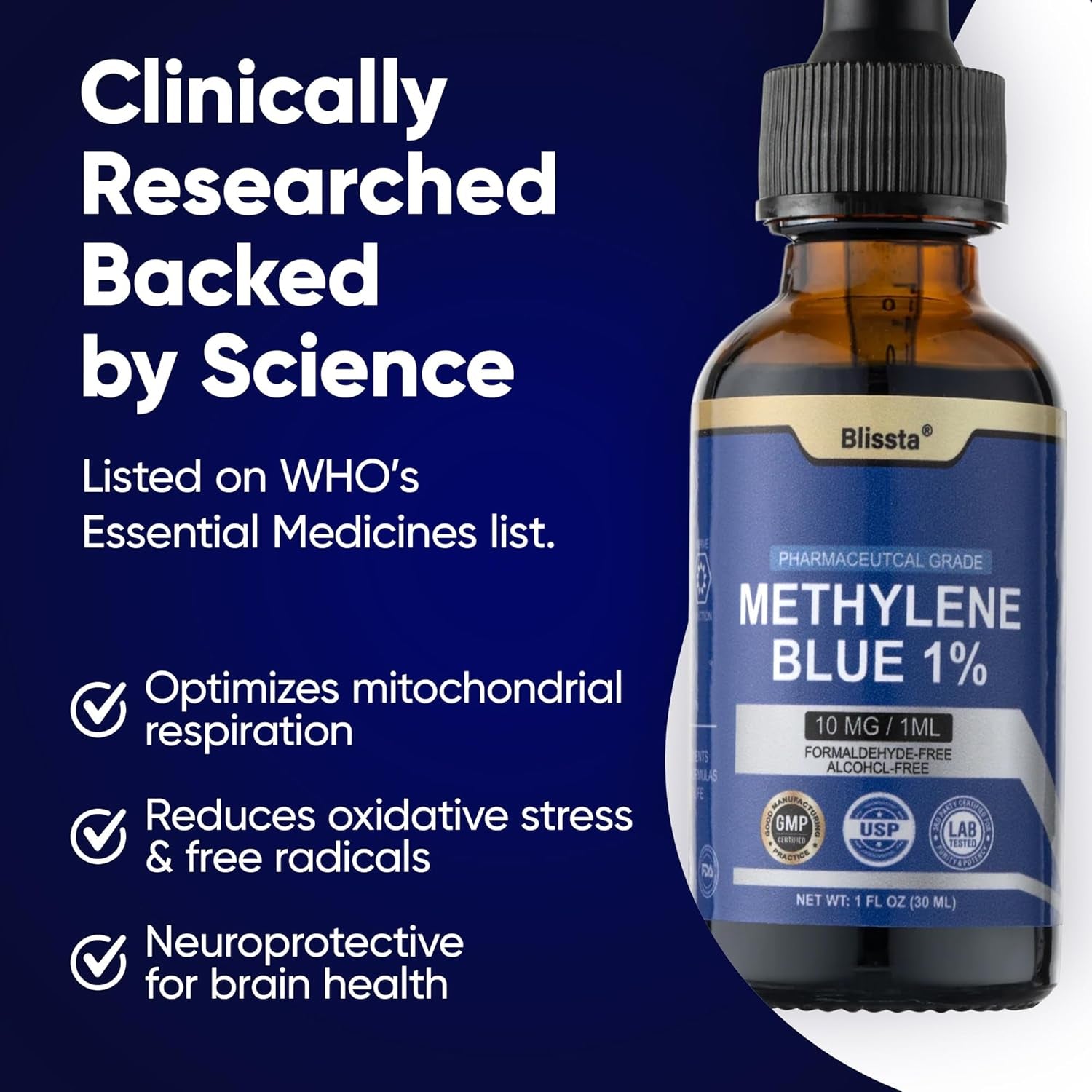 USP Pharmaceutical Grade Methylene Blue 1% Solution – Third-Party Lab Tested, Formaldehyde-Free, Heavy Metal Free –Nootropic - Cognitive Support, Brain Health, Energy & Focus Drops – 30Ml
