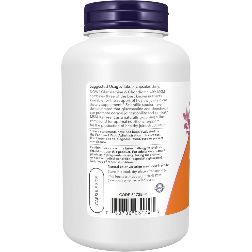 NOW Foods Supplements, Glucosamine & Chondroitin with MSM, Joint Health, Mobility and Comfort*, 180 Veg Capsules