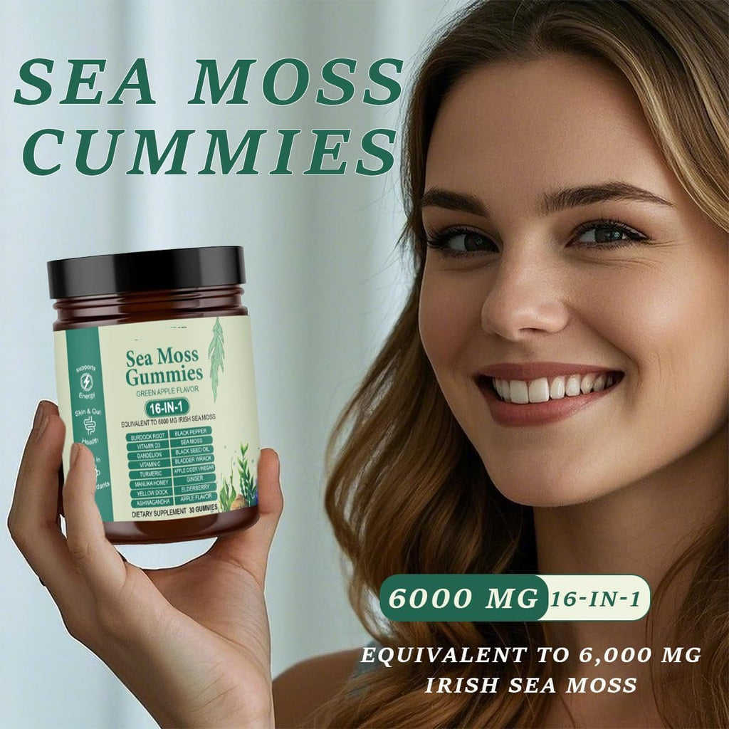 Sea Moss Gummies 16-In-1 with Black Seed Oil, Ashwagandha, 30 Servings, Irish Seamoss Gummies Boosts Immune Support, Wellness and Digestion